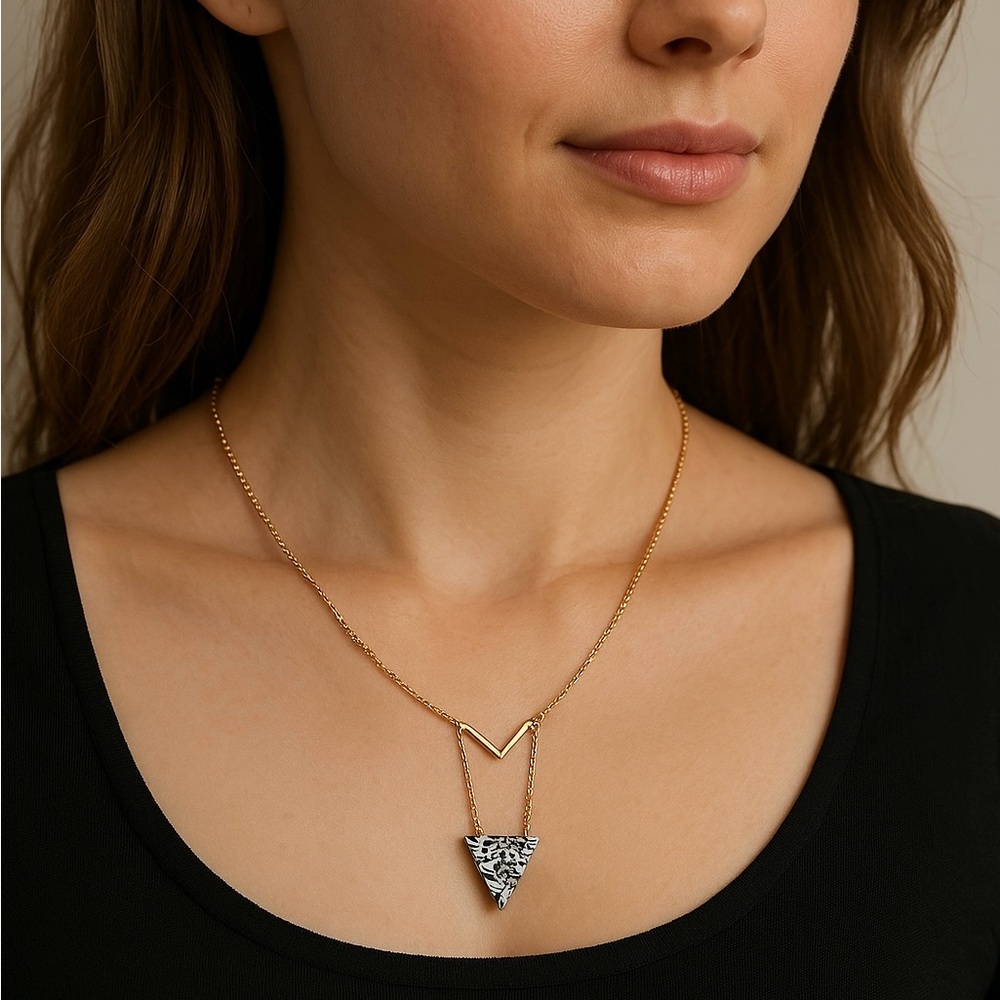 Geometric Necklace goldtone chain 26” Triangle navy cream pendant